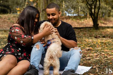 Foto de casal sentado na grama e brincando com o cachorro floquinho que apareceu na seção de fotos em SBC - SP'