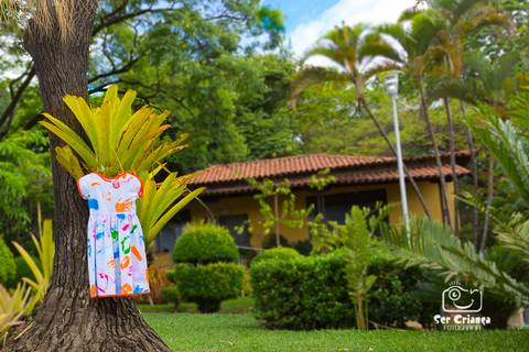 Vestido para pintar pendurado em uma árvore no ensaio infantil'