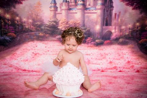 Ensaio com o bolo, smash the cake, tema princesa'