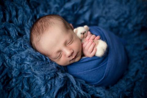 Bebe newborn em flokati azul jens, segurando ursinho em ensaio Newborn em Brasilia'