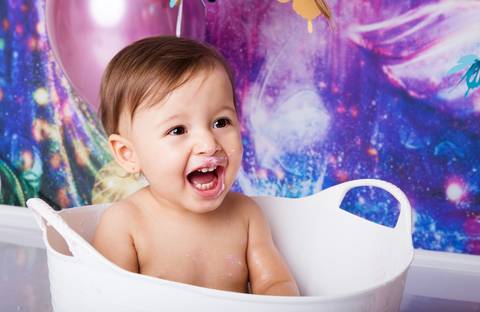 banho do ensaio smash the cake, tema jardim'