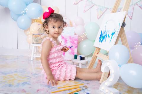 Ensaio tieday, pintando o sete, menininha de rosa, 2 anos'