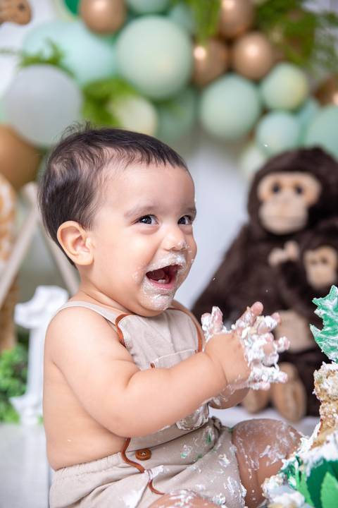 smash the cake menino tema safari, em estúdio'