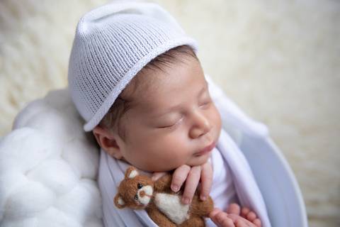 segurando o ursinho no ensaio newborn Brasília'