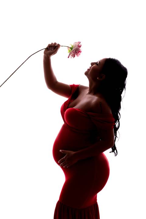 Uma bela gestante posa em um estúdio com um vestido longo e fluído, exibindo a beleza da maternidade.'