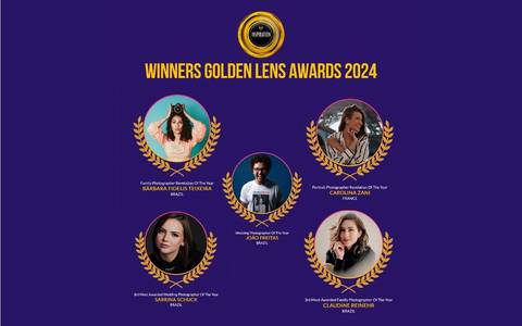 Vencedores do Golden Lens Awards 2024, incluindo Bárbara Fidelis, Carolina Zani, João Freitas, Sabrina Schuck e Claudine Reinehr. Celebrando fotógrafos de destaque nas categorias de família, retrato e casamento com reconhecimento internacional.”'