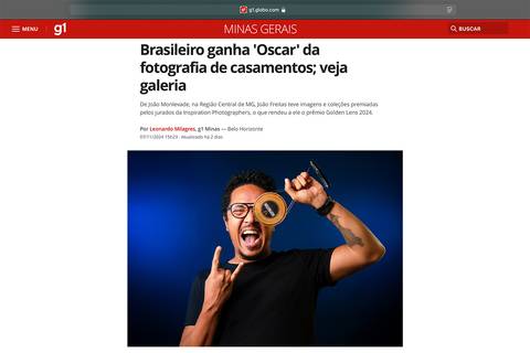 Reportagem do G1 destaca João Freitas, fotógrafo de casamento de Minas Gerais, que recebeu a Lente de Ouro 2024. Premiado como Fotógrafo do Ano pela Inspiration Photographers, seu trabalho é reconhecido internacionalmente como o ‘Oscar’ da fotografia de c'