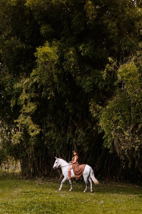     Mulher montada em cavalo em ensaio feminino com estética country'