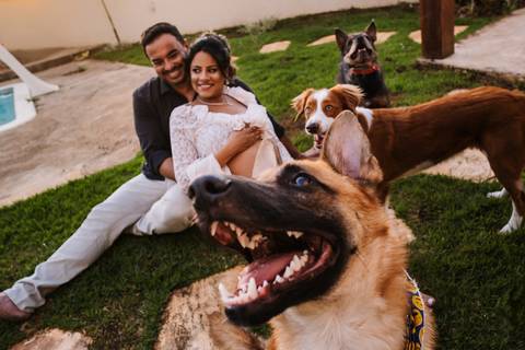     Taline e Leonardo durante ensaio gestante ao ar livre com os pets da família'