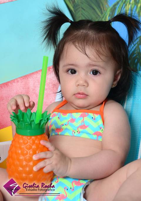 Verão praia sol mar biquíni boia bebê acompanhamento mensal brincadeiras abacaxi suquinho'