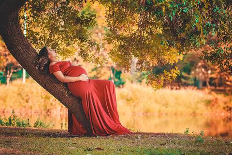 gestante deitada na árvore com as mãos na barriga, parece um quadro, no Parque dos Ipes, em Santa Bárbara d'Oeste - SP'