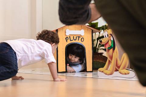 crianças brincando com casa do Pluto da decoração da festa infantil '