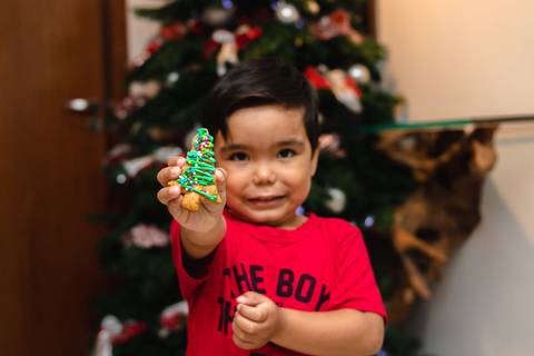 menino segurando biscoito de corado de natal na frente da árvore de Natal'