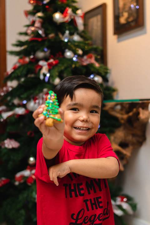 menino segurando biscoito de corado de natal na frente da árvore de Natal'