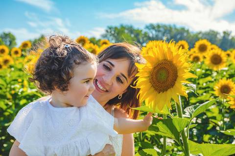 Retrato emocional de mulher adulta com criança brincando em campo de girassóis. Mãe e filha em momento de conexão natural durante sessão familiar profissional. Fotografia capturando vínculos familiares em ambiente rural idílico com iluminação natural.'
