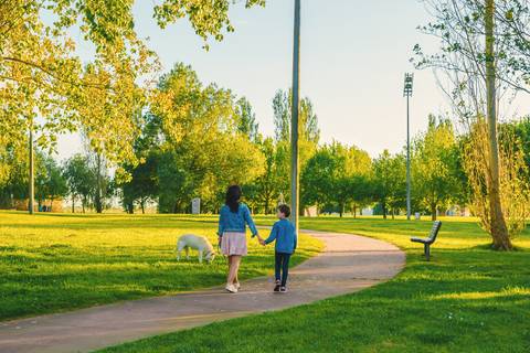 Menino em parque ao fundo com paisagem verde e banco'