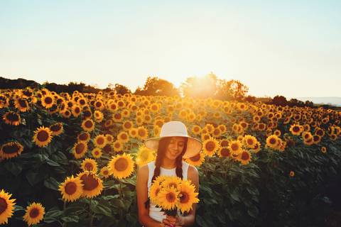 Mulher de chapéu branco com girassóis ao entardecer no campo'