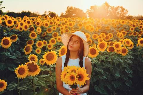 Mulher segurando girassol em meio ao campo durante golden hour'
