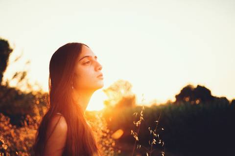 Silhueta feminina ao pôr do sol em campo de girassóis com luz intensa'