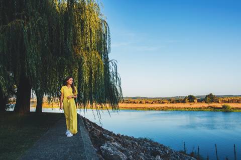 Paisagem lago com árvores reflexo na água ao entardecer'