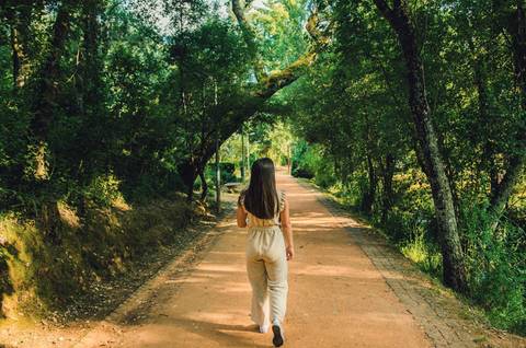 Mulher a caminhar num trilho arborizado iluminado pelo sol – retrato feminino ao ar livre no Parque Verde do Bonito, Entroncamento, Santarém'