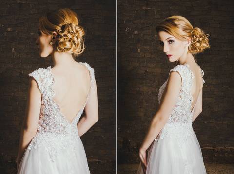 Vestido de noiva branco com renda e detalhe de costas aberta elegante'