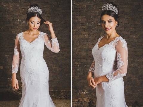 Retrato de noiva com cabelo comprido e maquiagem sofisticada'