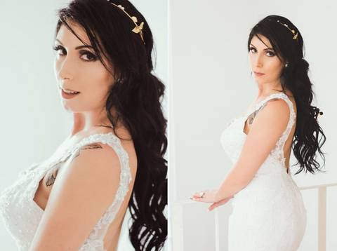 Retrato de noiva com penteado ondulado e maquiagem rosada sofisticada'