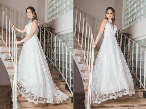 Vestido branco com saia fluida em escadaria com ambiente claro'