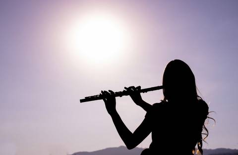 Silhueta de uma garota tocando flauta foto de Mary Santtiago fotógrafa de Suzano SP'