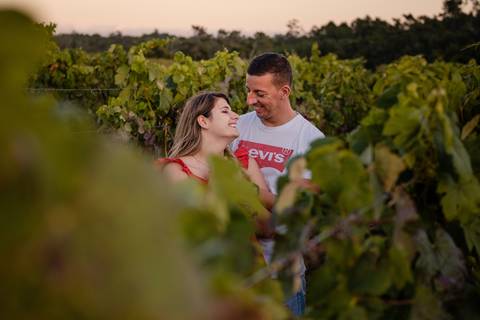 Um casal está junto numa vinha, sorrindo um para o outro. Vinhas verdejantes rodeiam-nos sob um céu limpo.'