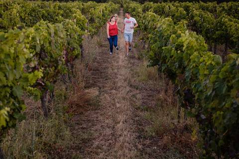 Um homem e uma mulher caminham juntos entre fileiras de videiras numa vinha. Eles estão vestidos casualmente e parecem estar aproveitando um passeio tranquilo em um caminho de terra cercado por uma folhagem verdejante.
'