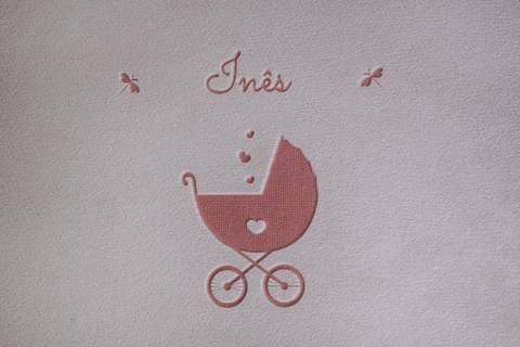 álbum de gravidez com carrinho de bebé gravado na capa'