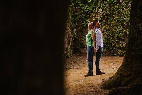 Namorados de costas e de mãos dadas no Jardim Botânico'