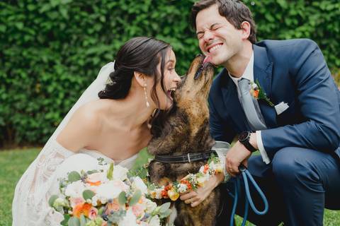 sesion de bodas con mascotas esposos recien casados fotografia de bodas en lima felices alejandra ramos fotografia'