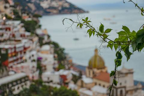 Paisagem em Positano na Itália embaçado com planta em primeiro plano'