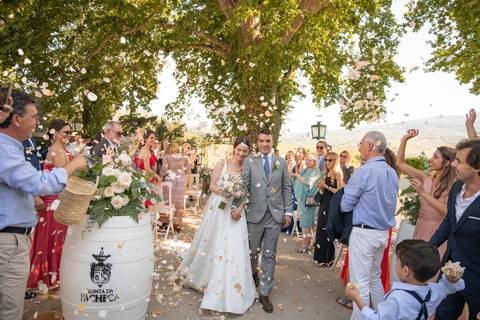noivos a caminhar abraçados enquanto são atiradas pétalas - casamento na Quinta da Pacheca'