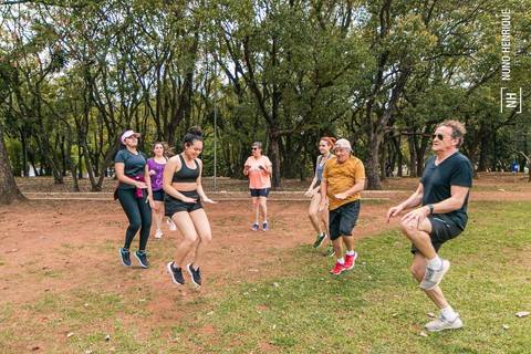 Fotos do treino funcional especial para o Programa Jaguaré Caminhos realizado pelo personal trainer Gui Cerino no Espaço Verde Chico Mendes, em São Caetano do Sul.'