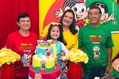 Foto do aniversário da Izadora no Buffet Happy Face em São Paulo com o tema da Turma da Mônica.'