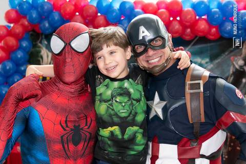 Festa de aniversário de 5 anos do Matias no Buffet Spasso Power com os personagens Hulk, Capitão América, Homem Aranha, Thor, Homem de Ferro e Thanos da Mister Marcelo personagens na cidade de São Paulo.'