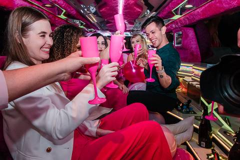 aniversário da barbie humana e influenciadora Letícia Swarovski limousine rosa'