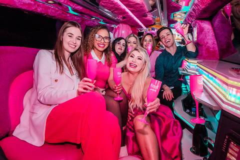 aniversário da barbie humana e influenciadora Letícia Swarovski limousine rosa'