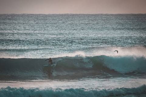Homem surfando um onda linda e longa'