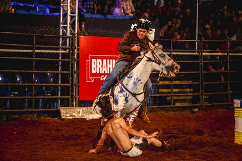 Homem sendo atropelado por cavalo em fotografia de eventos no Parque de Exposições Ney Braga em Londrina Pr.'