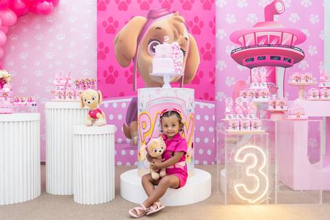 Mesa decorada do aniversário infantil com tema Skye da Patrulha Canina'