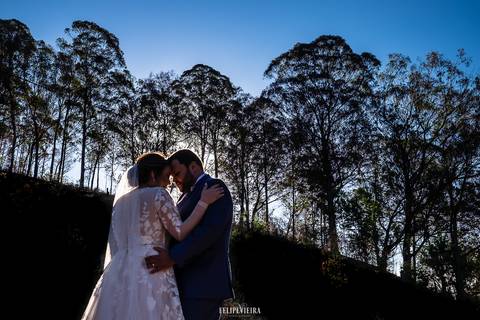 Silhuetas de noivos com céu azul ao fundo e árvores em ensaio externo de casamento'