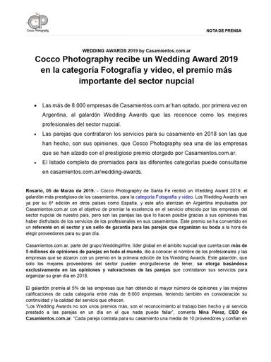 NOTA DE PRENSA
WEDDING AWARDS 2019 by Casamientos.com.ar
Cocco Photography recibe un Wedding Award 2019
en la categoría Fotografía y video.

