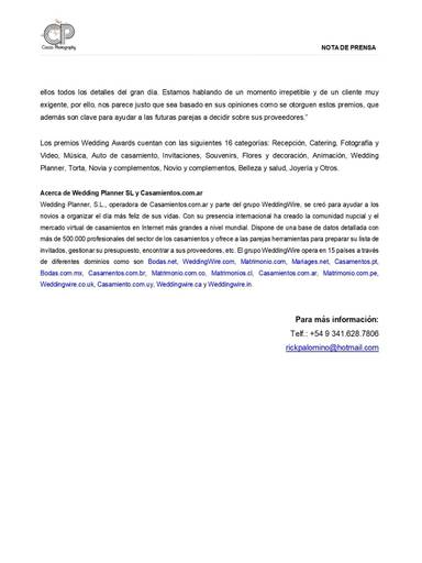 NOTA DE PRENSA
WEDDING AWARDS 2019 by Casamientos.com.ar
Cocco Photography recibe un Wedding Award 2019
en la categoría Fotografía y video.
