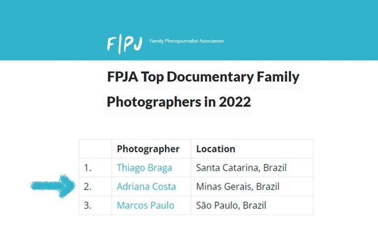 A Associação FPJA elegeu Adriana Costa a segunda melhor fotógrafa documental de família de 2022