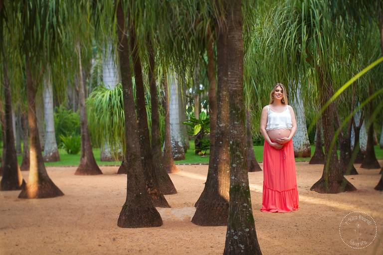 Na imagem a gestante se encontra no canto direito, com um cropped branco e uma saia longa coral, ela esta com os olhos fechados e um lindo sorriso, enquanto segura seu bebê dentro da barriga. Ao redor dela há árvores pata de elefante